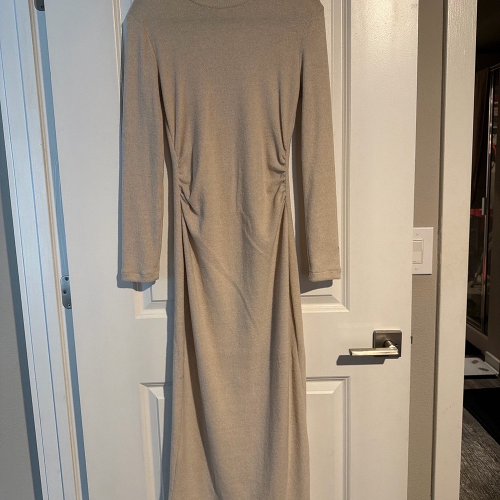 Zara Beige Long Sleeve Ruched Midi Dress, NWOT